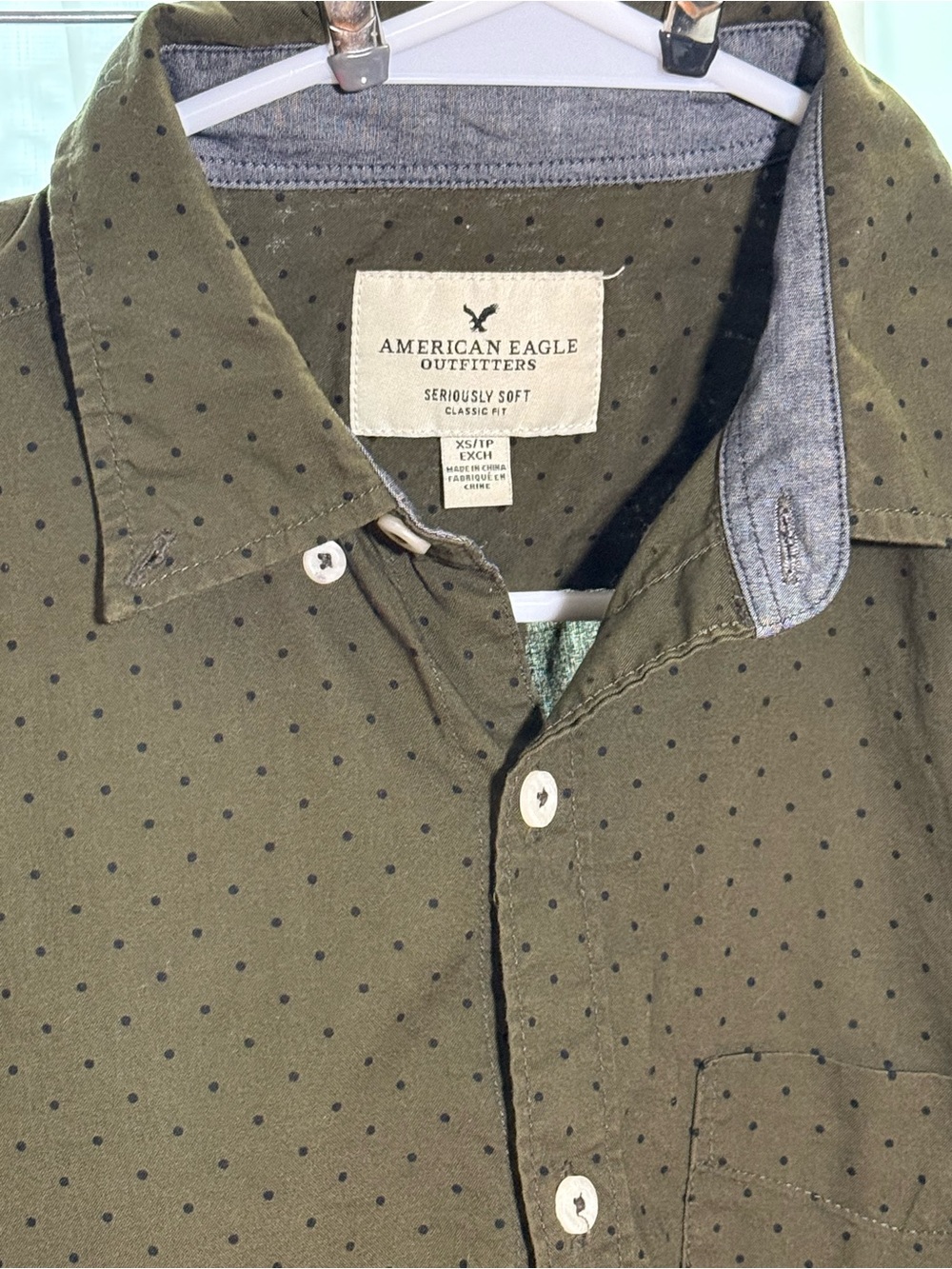American Eagle Outfitters Olive Green Button-Down with Black Micro Dots